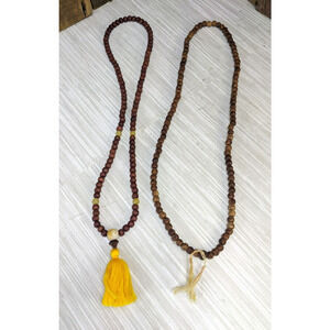 Pair of Tibetan Wooden Prayer Beaded Necklace One is Wood and glass beaded